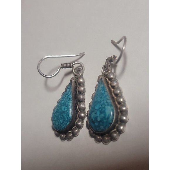 Sterling Silver Mexican 925 Turquoise Chip Earrings Teardrop Mex M2-19 Signed - Picture 2 of 8